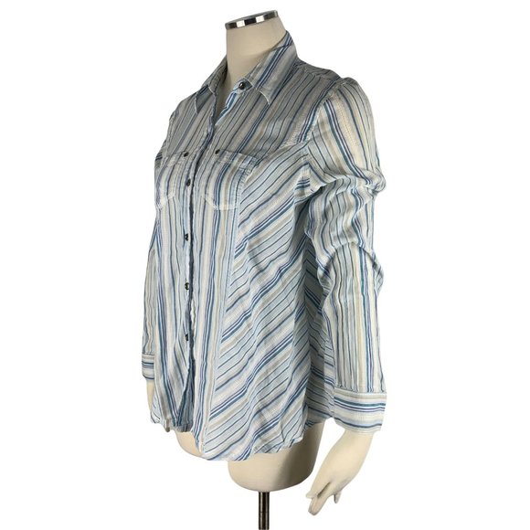 Oh Baby Medium Maternity Top Button Front Blue Stripe Long Sleeve Motherhood - Picture 2 of 5